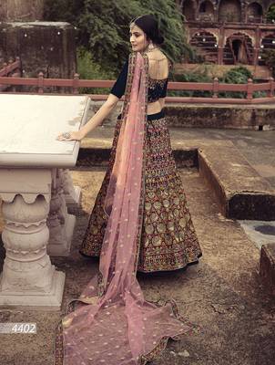 Navy-blue embroidered velvet semi stitched lehenga 2