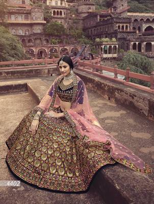 Navy-blue embroidered velvet semi stitched lehenga 3