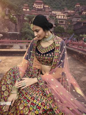 Navy-blue embroidered velvet semi stitched lehenga 4