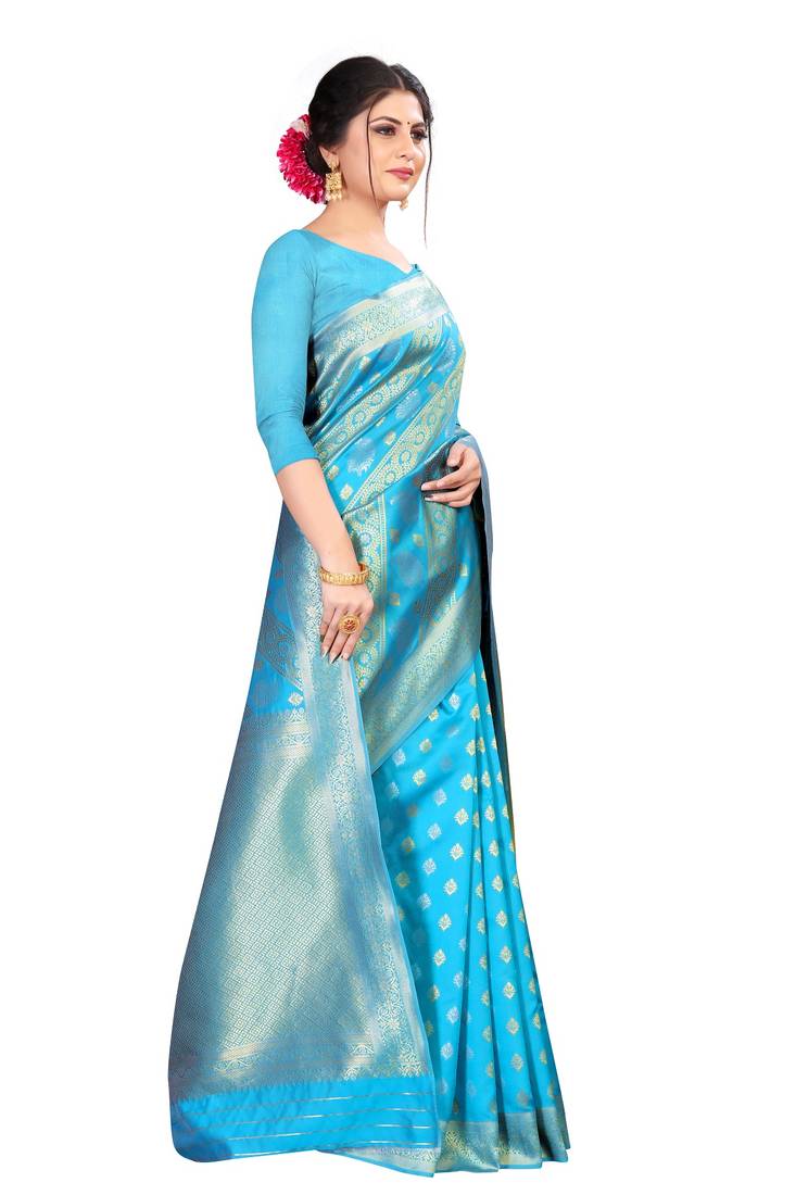 Sky blue color kota silk saree with blouse