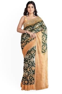 Dark green woven pure art silk sarees saree with blouse 1