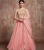 Baby-pink embroidered net semi stitched lehenga
