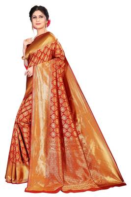 Red kota silk with rich pallu woven saree with blouse 4