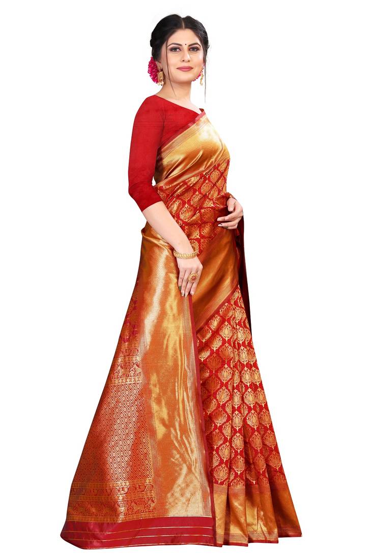 Red kota silk with rich pallu woven saree with blouse