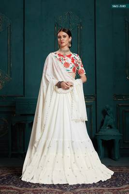 White embroidered georgette semi stitched lehenga 1
