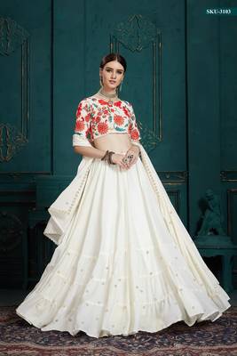 White embroidered georgette semi stitched lehenga 2