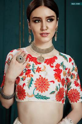 White embroidered georgette semi stitched lehenga 3