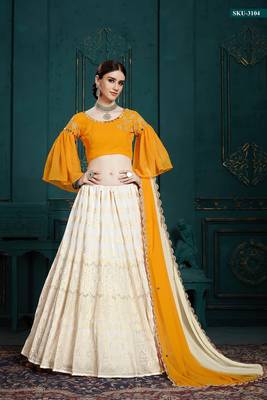 White embroidered georgette semi stitched lehenga 1