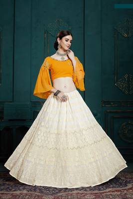White embroidered georgette semi stitched lehenga 2