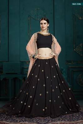 Black embroidered georgette semi stitched lehenga 2