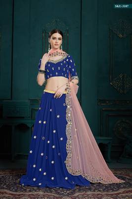 Navy-blue embroidered georgette semi stitched lehenga 1