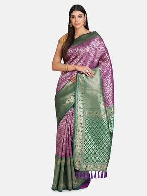 VASTRANAND Purple & Green Silk Blend Woven Design Banarasi Saree 1