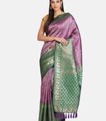 VASTRANAND Purple & Green Silk Blend Woven Design Banarasi Saree
