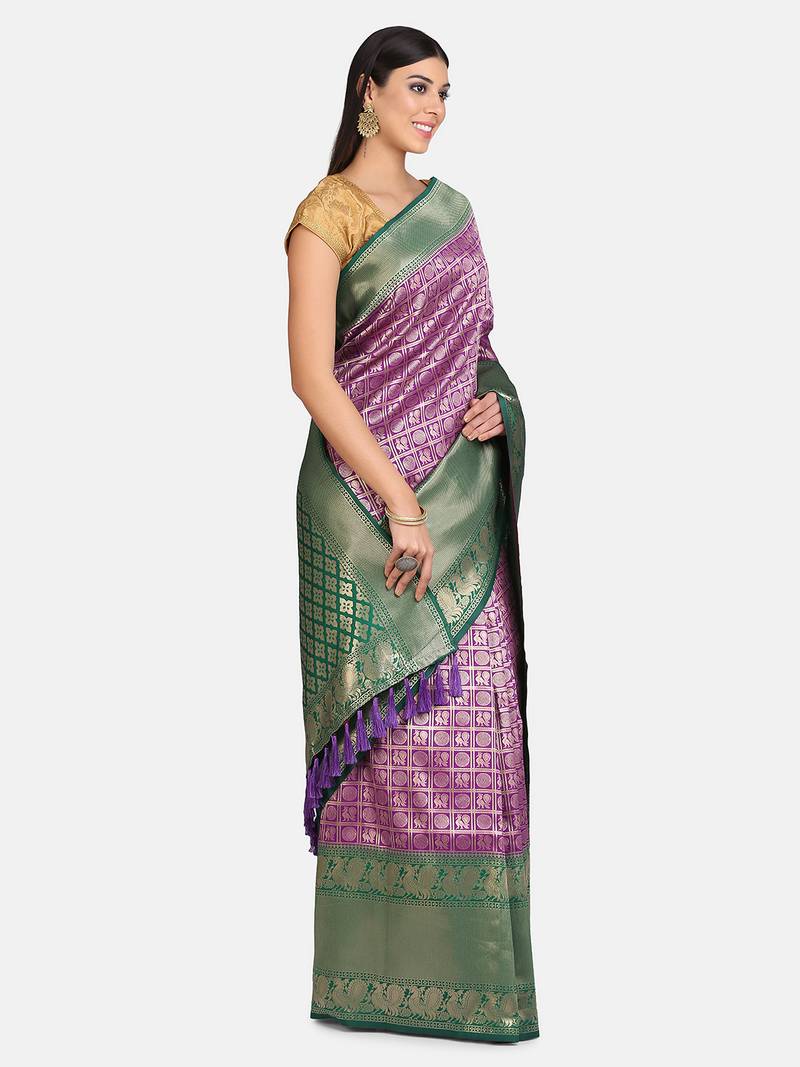 VASTRANAND Purple & Green Silk Blend Woven Design Banarasi Saree