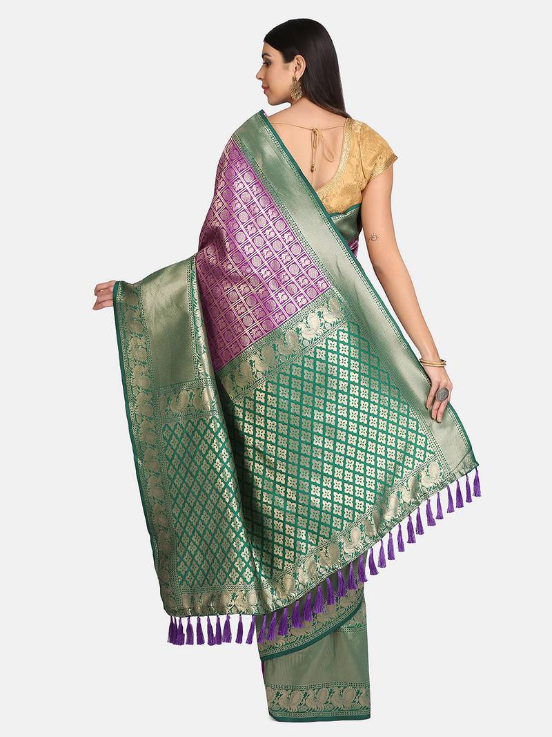 VASTRANAND Purple & Green Silk Blend Woven Design Banarasi Saree