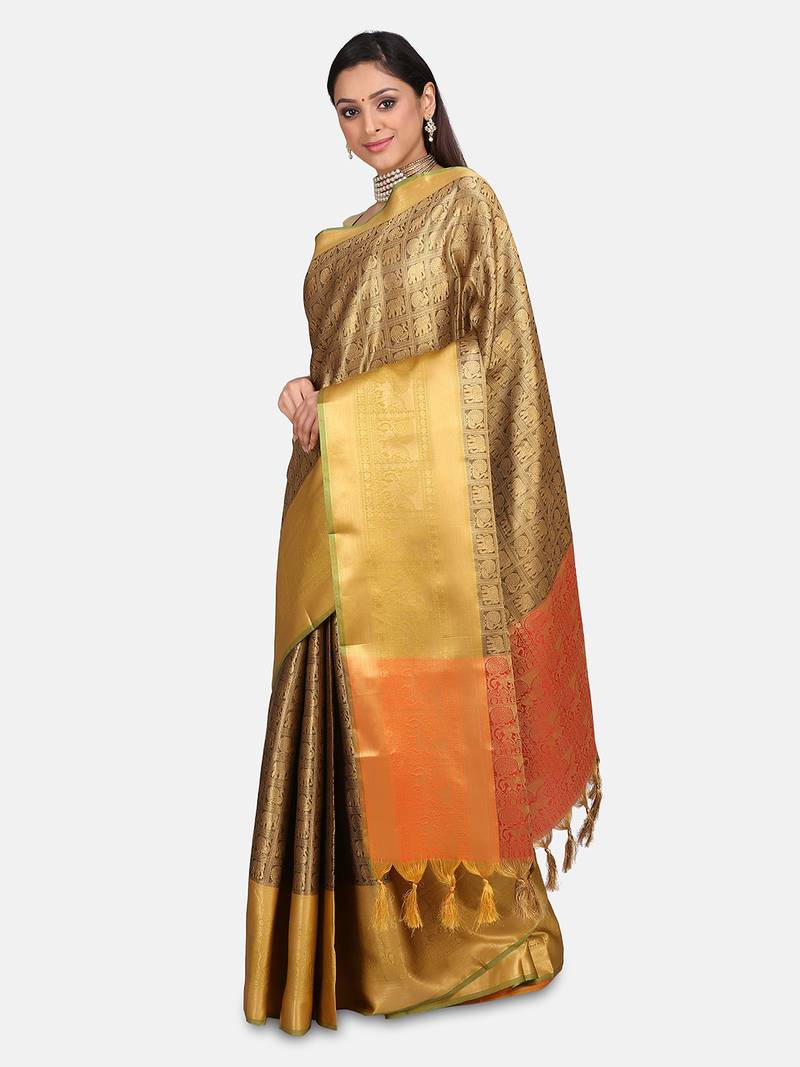VASTRANAND  Brown & Gold-Toned Silk Blend Woven Design Kanjeevaram Saree