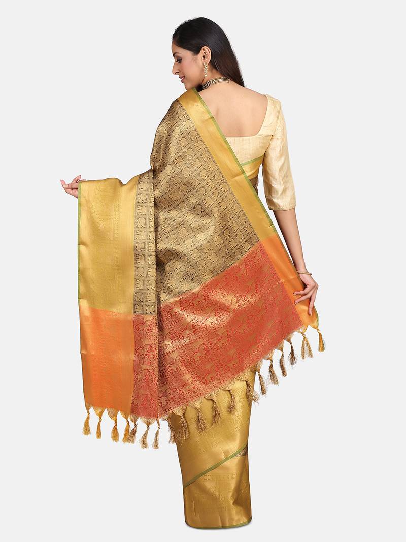 VASTRANAND  Brown & Gold-Toned Silk Blend Woven Design Kanjeevaram Saree
