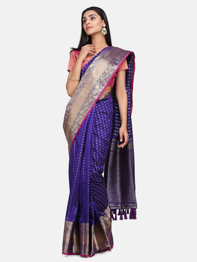 VASTRANAND Purple & Golden Woven Design Banarasi Saree,.