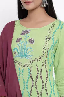 Green woven viscose rayon kurti-trouser