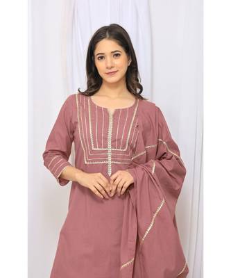 Levendar Solid Color With Gota Embellished Pure Cotton Kurti Dupatta Skirt Set For Women 4