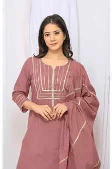 Levendar Solid Color With Gota Embellished Pure Cotton Kurti Dupatta Skirt Set For Women