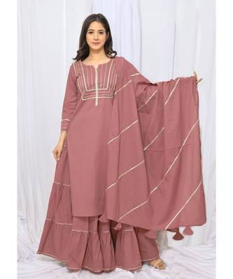 Levendar Solid Color With Gota Embellished Pure Cotton Kurti Dupatta Skirt Set For Women 5