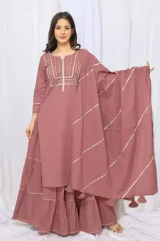 Levendar Solid Color With Gota Embellished Pure Cotton Kurti Dupatta Skirt Set For Women