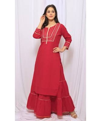 Red Solid Color With Gota Embellished Pure Cotton Kurti Dupatta Skirt Set For Women 1