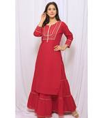 Red Solid Color With Gota Embellished Pure Cotton Kurti Dupatta Skirt Set For Women