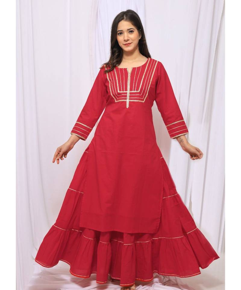 Red Solid Color With Gota Embellished Pure Cotton Kurti Dupatta Skirt Set For Women