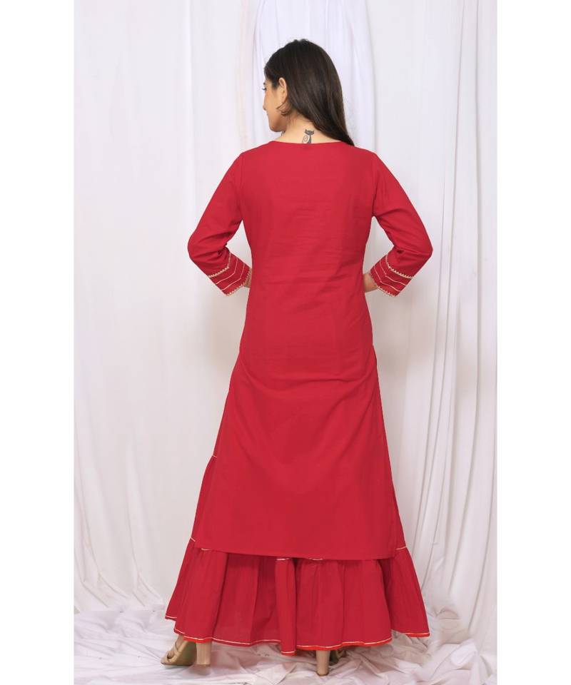 Red Solid Color With Gota Embellished Pure Cotton Kurti Dupatta Skirt Set For Women
