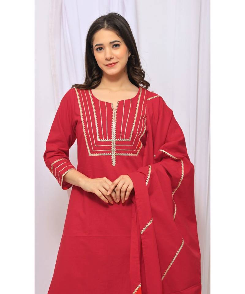Red Solid Color With Gota Embellished Pure Cotton Kurti Dupatta Skirt Set For Women
