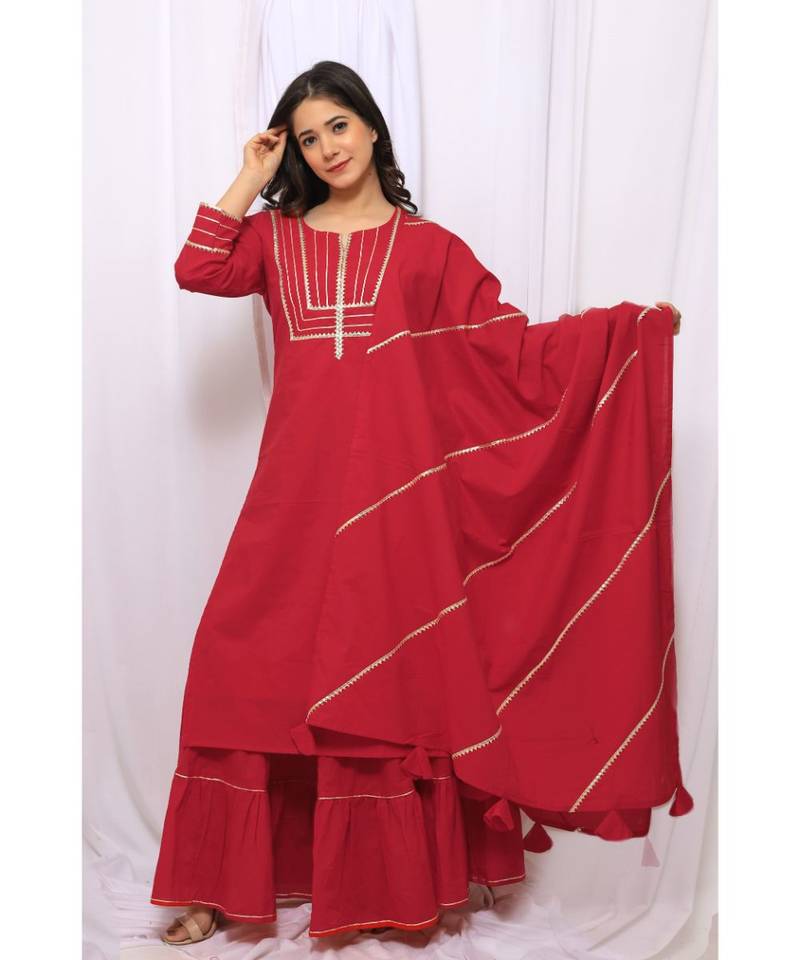 Red Solid Color With Gota Embellished Pure Cotton Kurti Dupatta Skirt Set For Women