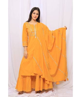 Yellow Solid Color With Gota Embellished Pure Cotton Kurti Dupatta Skirt Set For Women 1