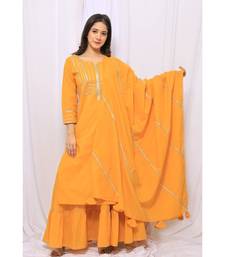 Yellow Solid Color With Gota Embellished Pure Cotton Kurti Dupatta Skirt Set For Women