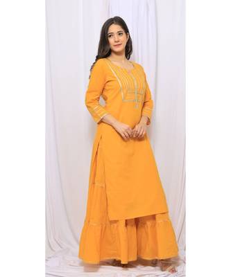 Yellow Solid Color With Gota Embellished Pure Cotton Kurti Dupatta Skirt Set For Women 2