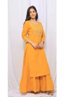 Yellow Solid Color With Gota Embellished Pure Cotton Kurti Dupatta Skirt Set For Women