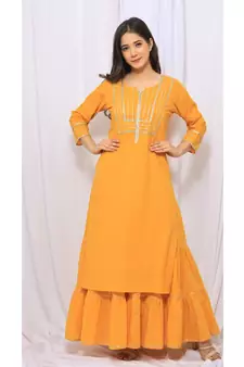 Yellow Solid Color With Gota Embellished Pure Cotton Kurti Dupatta Skirt Set For Women