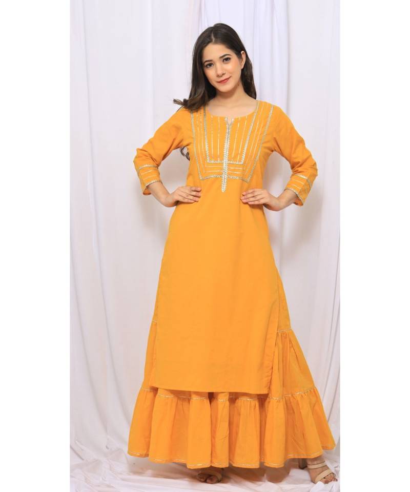 Yellow Solid Color With Gota Embellished Pure Cotton Kurti Dupatta Skirt Set For Women