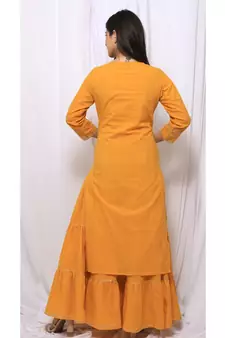 Yellow Solid Color With Gota Embellished Pure Cotton Kurti Dupatta Skirt Set For Women