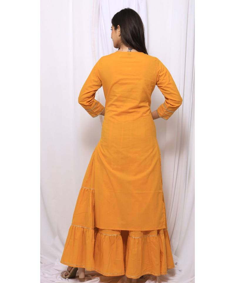 Yellow Solid Color With Gota Embellished Pure Cotton Kurti Dupatta Skirt Set For Women