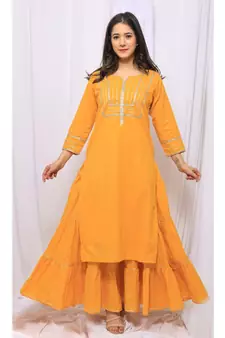 Yellow Solid Color With Gota Embellished Pure Cotton Kurti Dupatta Skirt Set For Women