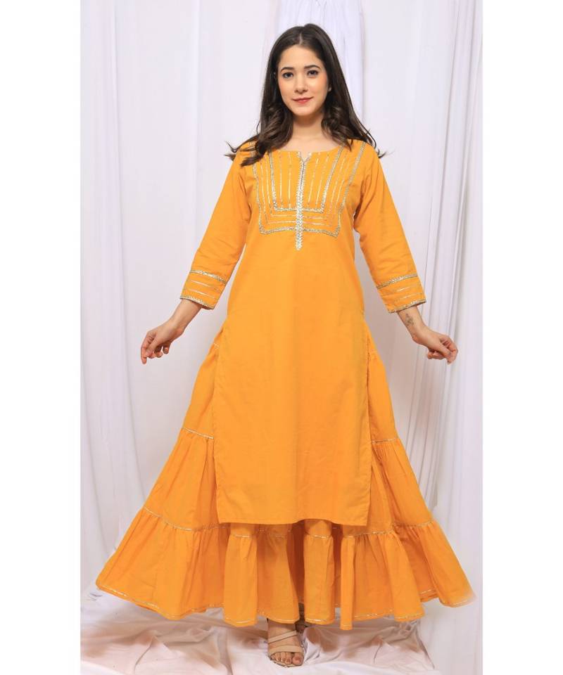 Yellow Solid Color With Gota Embellished Pure Cotton Kurti Dupatta Skirt Set For Women