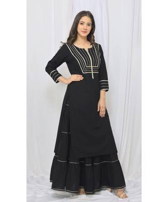 Black Solid Color With Gota Embellished Pure Cotton Kurti Dupatta Skirt Set For Women 1