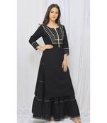 Black Solid Color With Gota Embellished Pure Cotton Kurti Dupatta Skirt Set For Women