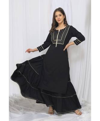 Black Solid Color With Gota Embellished Pure Cotton Kurti Dupatta Skirt Set For Women 2