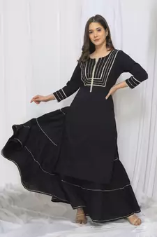Black Solid Color With Gota Embellished Pure Cotton Kurti Dupatta Skirt Set For Women