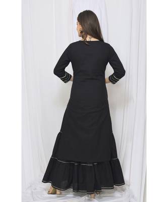 Black Solid Color With Gota Embellished Pure Cotton Kurti Dupatta Skirt Set For Women 3