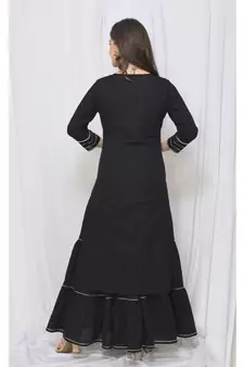 Black Solid Color With Gota Embellished Pure Cotton Kurti Dupatta Skirt Set For Women