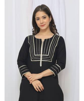 Black Solid Color With Gota Embellished Pure Cotton Kurti Dupatta Skirt Set For Women 4